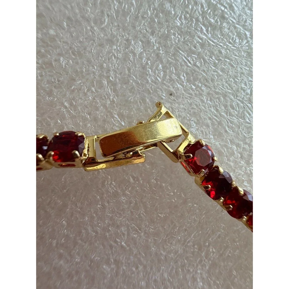 Gold Tone Red Glass Crystal Tennis Bracelet Enamel Heart Charm Accent